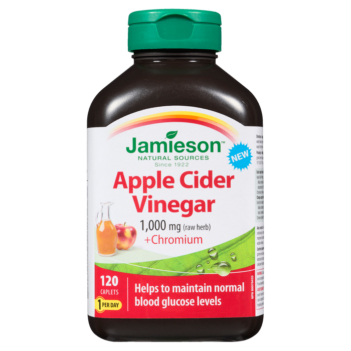 Vinaigre de cidre de pomme Jamieson 1 000 mg (herbe crue) + chrome 120 comprimés