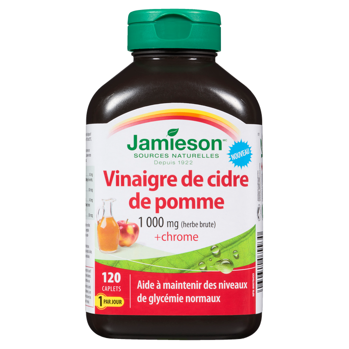 Vinaigre de cidre de pomme Jamieson 1 000 mg (herbe crue) + chrome 120 comprimés