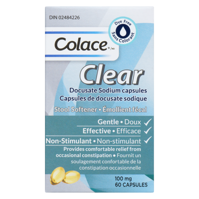 Colace Docusate Sodium Capsules Adoucissant Fécal Transparent 100 mg 60 Capsules