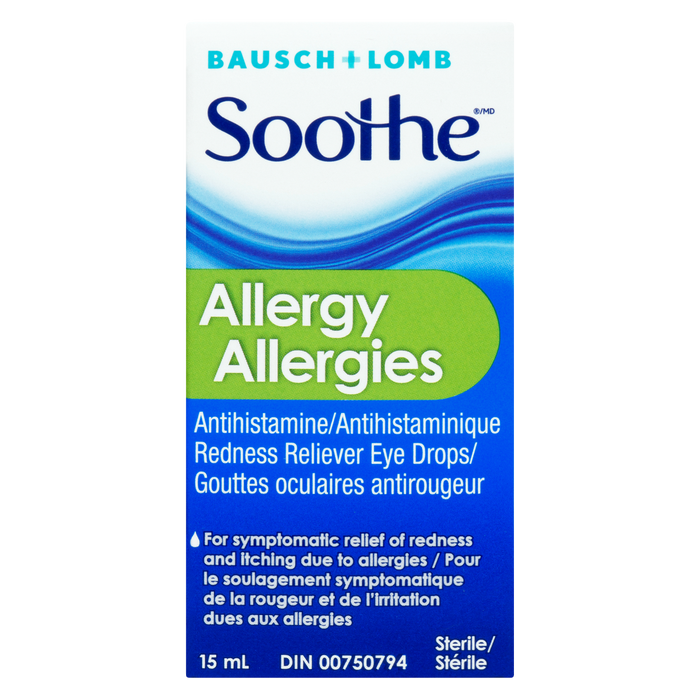 Gouttes oculaires antihistaminiques anti-rougeurs Soothe de Bausch + Lomb pour les allergies 15 ml