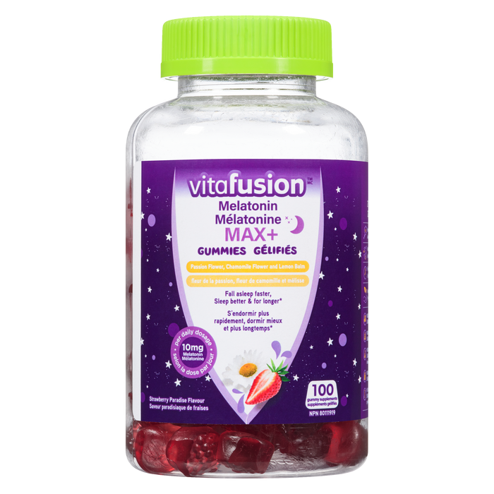 Vitafusion Max+ Gummies à la mélatonine Saveur de fraise paradisiaque 100 Gummy Compléments alimentaires