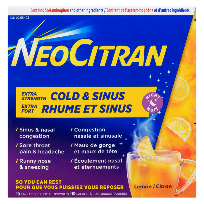 Poudre NeoCitran Rhume et Sinus Citron Extra Fort Nuit 10 Sachets Unidose