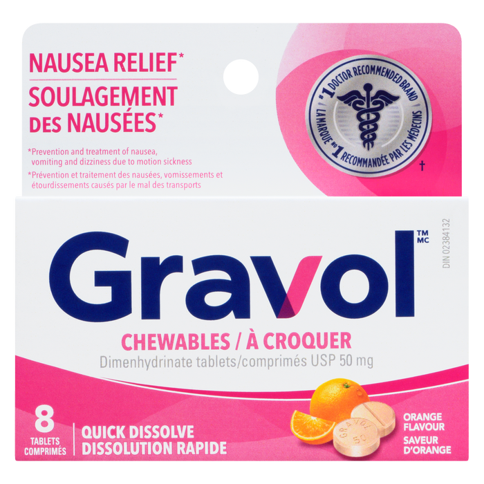 Comprimés à croquer Gravol Dimenhydrinate USP 50 mg Saveur Orange 8 comprimés