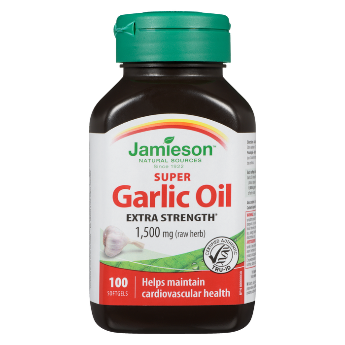 Jamieson Super Garlic Oil Extra Strength 1,500 mg Raw Herb 100 Softgels