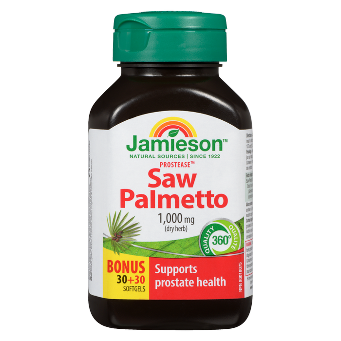 Prostéase de Jamieson Saw Palmetto 1 000 mg Herbe sèche Bonus 30 + 30 gélules