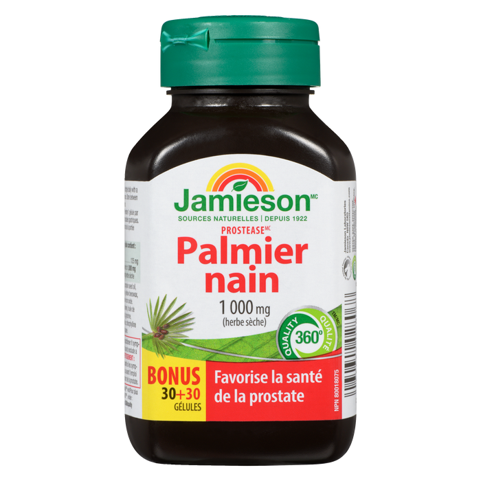 Prostéase de Jamieson Saw Palmetto 1 000 mg Herbe sèche Bonus 30 + 30 gélules