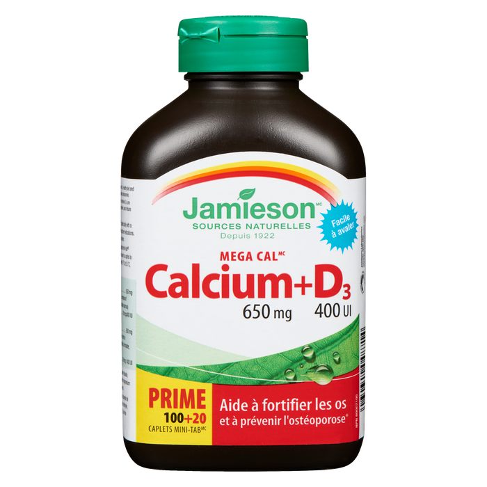 Jamieson Mega Cal Calcium + D₃ 650 mg 400 UI Bonus 100+20 mini-comprimés