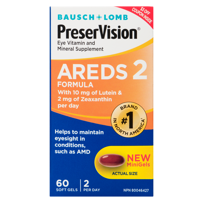 Bausch + Lomb PreserVision Supplément de vitamines et de minéraux pour les yeux Formule AREDS 2 60 gélules molles