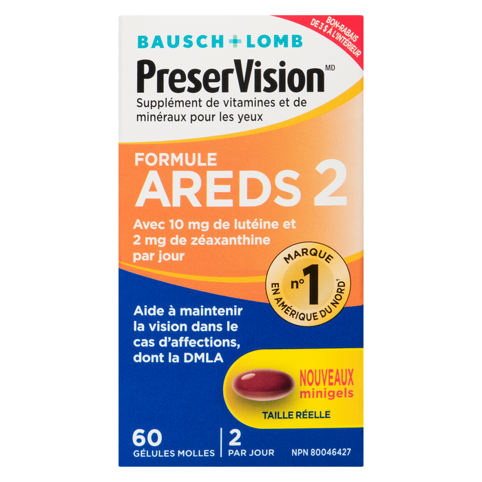 Bausch + Lomb PreserVision Supplément de vitamines et de minéraux pour les yeux Formule AREDS 2 60 gélules molles