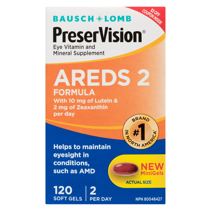 Bausch + Lomb PreserVision Supplément de vitamines et minéraux pour les yeux Formule AREDS 2 120 gélules molles