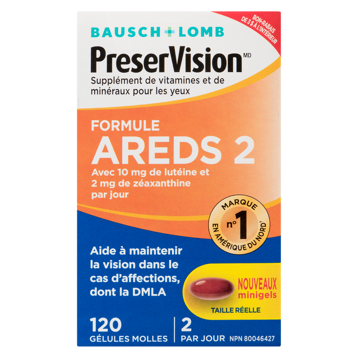 Bausch + Lomb PreserVision Supplément de vitamines et minéraux pour les yeux Formule AREDS 2 120 gélules molles