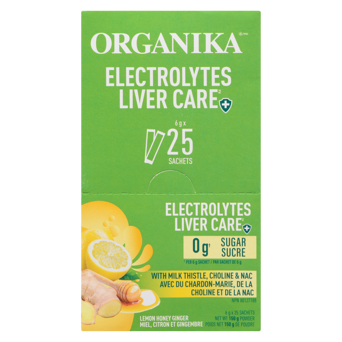 Poudre de soin du foie aux électrolytes Organika, citron, miel et gingembre, 6 g x 25 sachets (150 g)