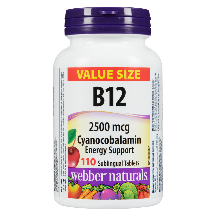 Webber Naturals B12 2500 mcg Cyanocobalamin Value Size 110 Sublingual Tablets