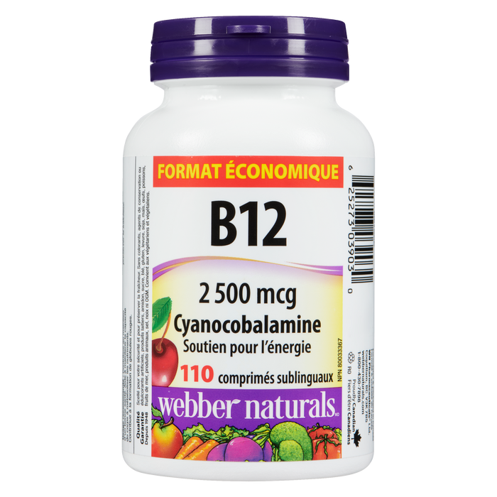 Webber Naturals B12 2500 mcg Cyanocobalamin Value Size 110 Sublingual Tablets