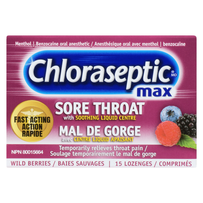 Chloraseptic Sore Throat with Soothing Liquid Centre Max Wild Berries 15 Lozenges