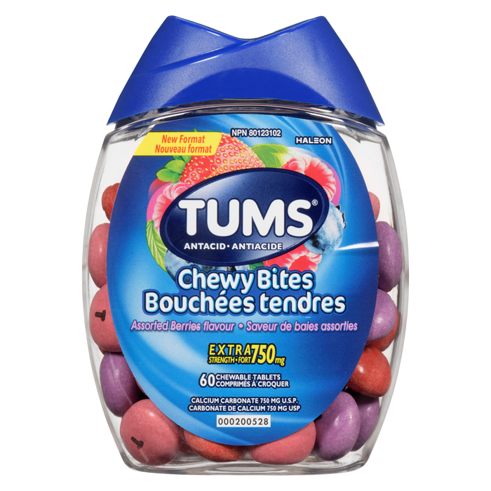 TUMS Chewy Bites Antiacide Saveur de baies assorties Extra Fort 750 mg 60 comprimés à croquer