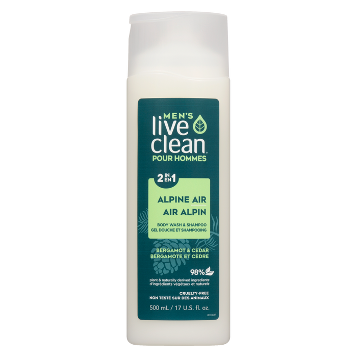 Gel douche et shampoing 2 en 1 pour hommes Live Clean Alpine Air Bergamote et Cèdre 500 ml