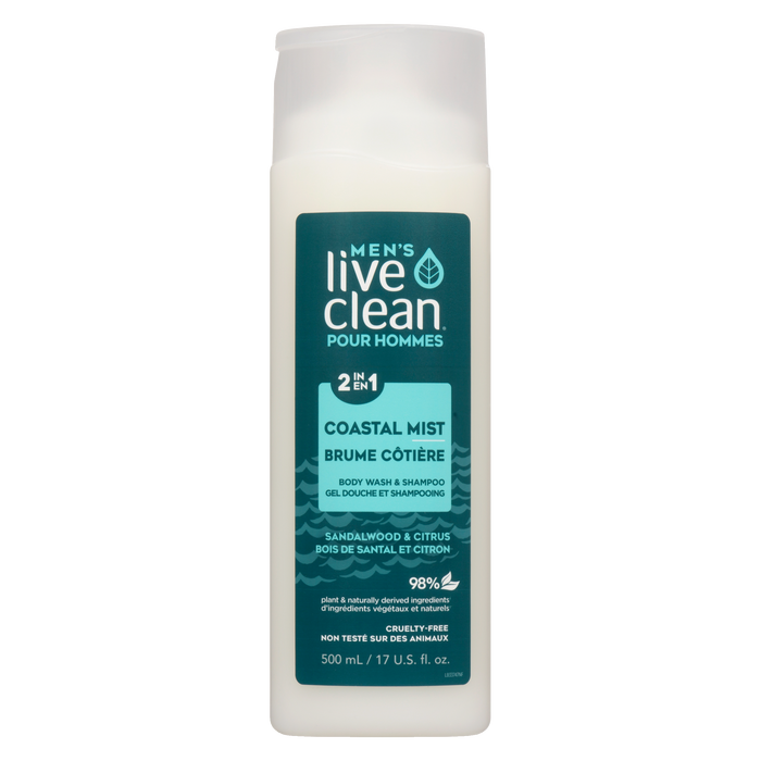 Live Clean Men's 2 in 1 Body Wash & Shampoo Coastal Mist Sandalwood & Citrus 500 ml