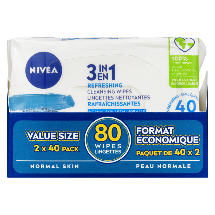 Lingettes nettoyantes démaquillantes 3 en 1 NIVEA Format économique Peau normale Lot de 2 x 40 80 lingettes