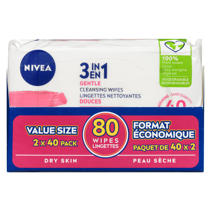 Lingettes nettoyantes démaquillantes 3 en 1 NIVEA pour peaux sèches, format économique, lot de 2 x 40, 80 lingettes