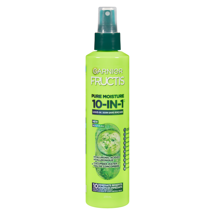 Garnier Fructis Pure Moisture 10 en 1 sans rinçage Acide Hyaluronique + Eau de Concombre pour Cheveux et Cuir Chevelu Secs 239 ml