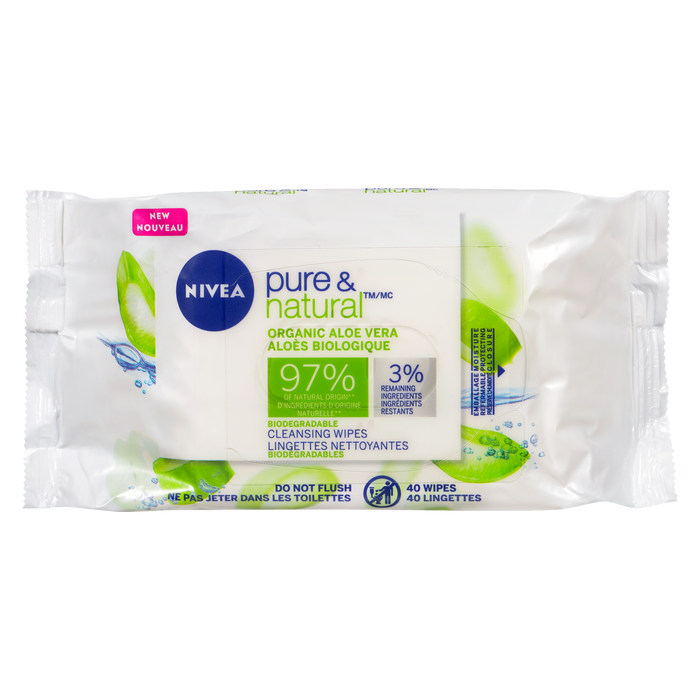 Lingettes nettoyantes NIVEA Pure &amp; Natural Aloe Vera Bio 40 lingettes