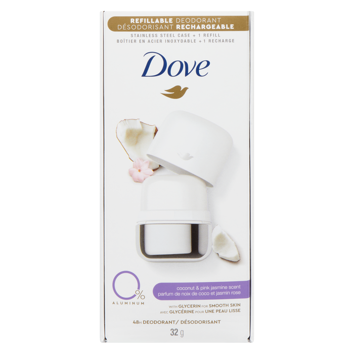 Déodorant rechargeable Dove 0% aluminium parfum noix de coco et jasmin rose 32 g