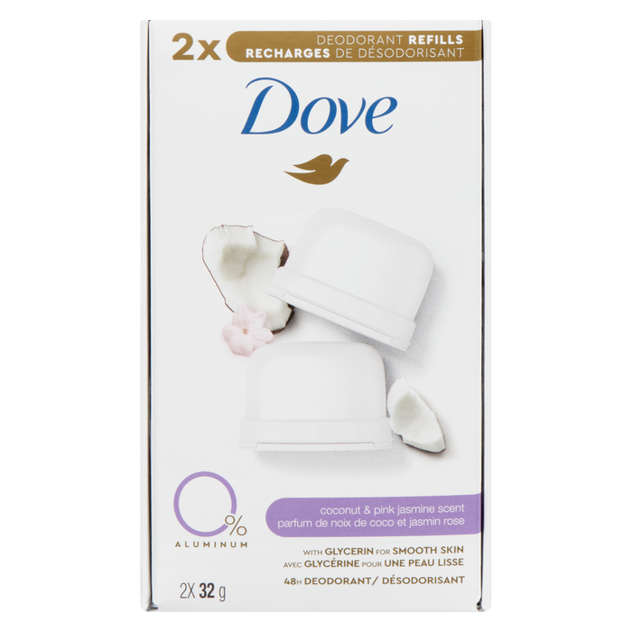 Dove 0% Aluminum Coconut & Pink Jasmine Scent 2 Deodorant Refills x 32 g