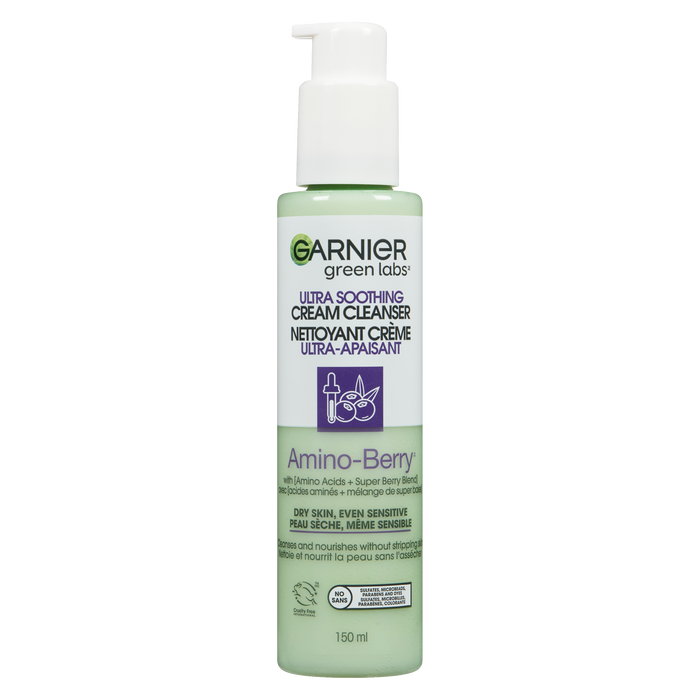 Garnier Green Labs Crème Nettoyante Ultra Apaisante Amino-Berry Peaux Sèches, Même Sensibles 150 ml