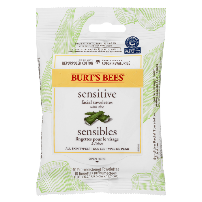 Burt's Bees Sensitive Facial Towelettes with Aloe All Skin Types 10 Pre-Moistened Towelettes