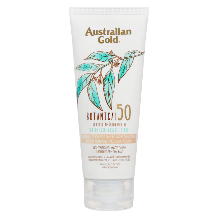 Lotion minérale teintée pour le visage Australian Gold Botanical SPF 50 pour peaux claires à claires 88 ml