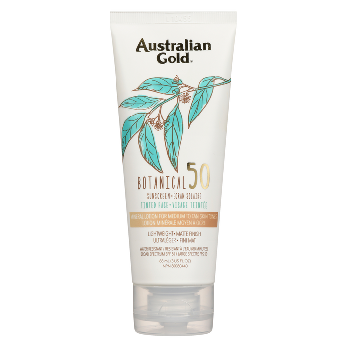 Lotion minérale teintée pour le visage Australian Gold Botanical SPF 50 pour peaux moyennes à bronzées 88 ml