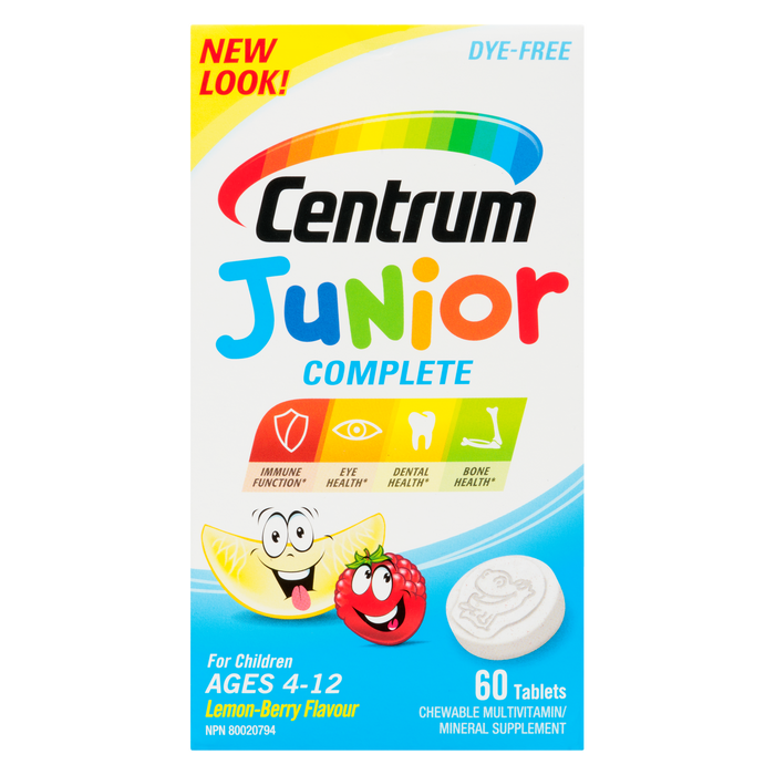 Complément multivitaminé minéral à croquer Centrum Junior Complete pour enfants de 4 à 12 ans, saveur citron-baies, 60 comprimés