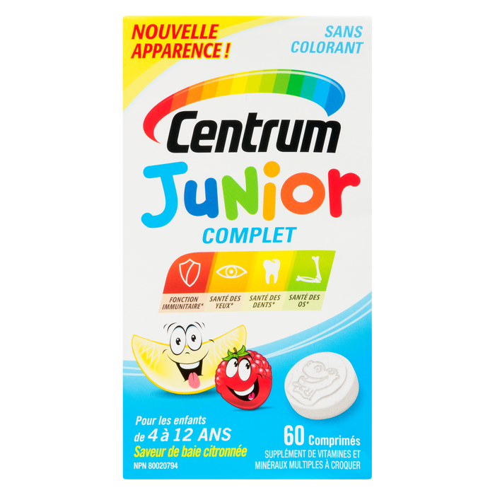 Complément multivitaminé minéral à croquer Centrum Junior Complete pour enfants de 4 à 12 ans, saveur citron-baies, 60 comprimés