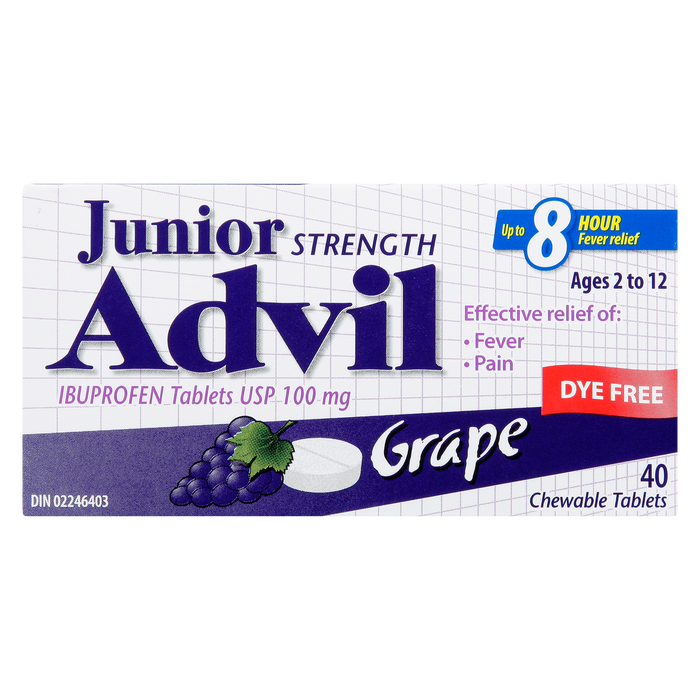 Advil Junior Strength Ibuprofen Tablets USP 100 mg Grape Ages 2 to 12 40 Chewable Tablets