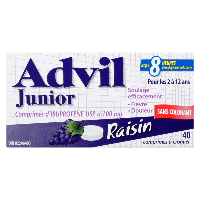 Comprimés d'ibuprofène Advil Junior USP 100 mg Raisin 2 à 12 ans 40 comprimés à croquer