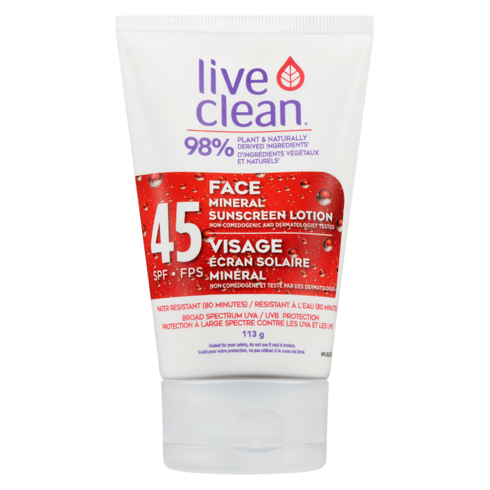 Lotion solaire minérale Live Clean pour le visage SPF 45 113 g