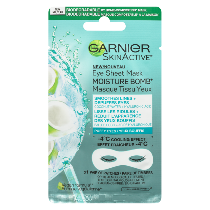 Masque en tissu pour les yeux Garnier SkinActive Moisture Bomb Eau de coco + acide hyaluronique Yeux gonflés 6 g