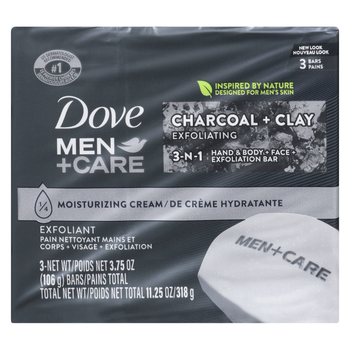 Barre exfoliante pour les mains et le corps + le visage Dove Men+Care Charbon + Argile 3 barres x 106 g (318 g)