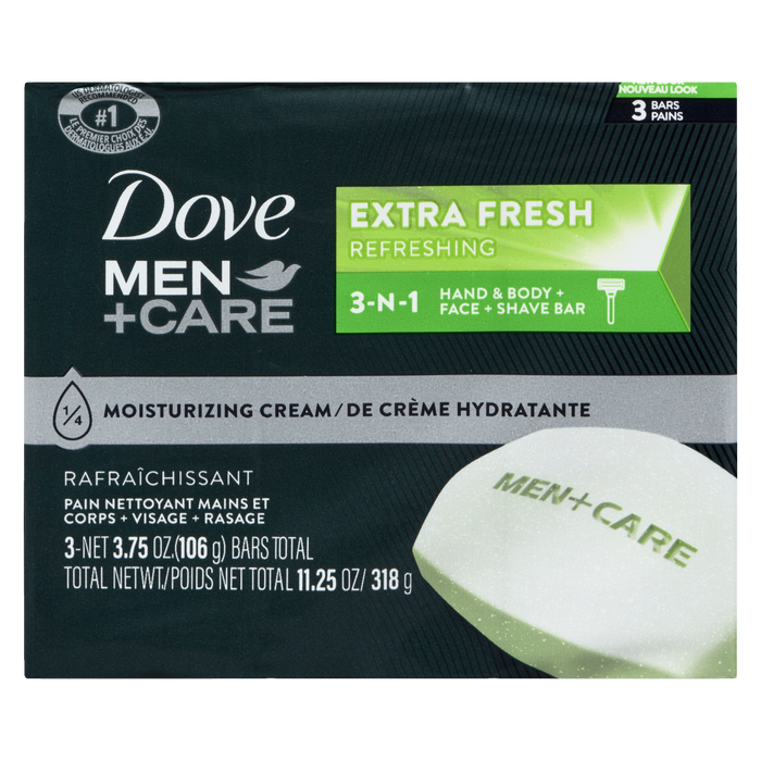 Pain de savon 3 en 1 Dove Men+Care pour les mains et le corps + le visage + le rasage Extra Fresh 3 pains x 106 g (318 g)