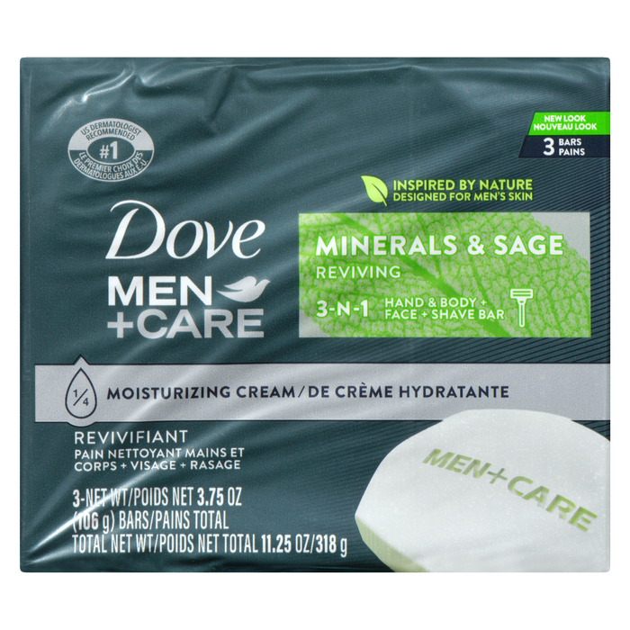 Barre de savon 3 en 1 Dove Men+Care pour les mains, le corps, le visage et le rasage, minéraux et sauge, 3 barres x 106 g (318 g)