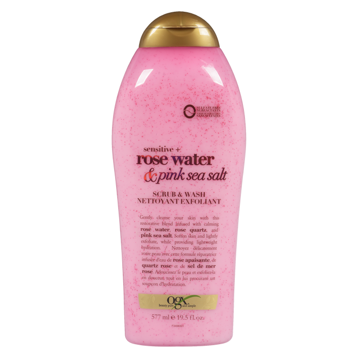 Gommage et nettoyant Ogx Sensitive + eau de rose et sel de mer rose 577 ml