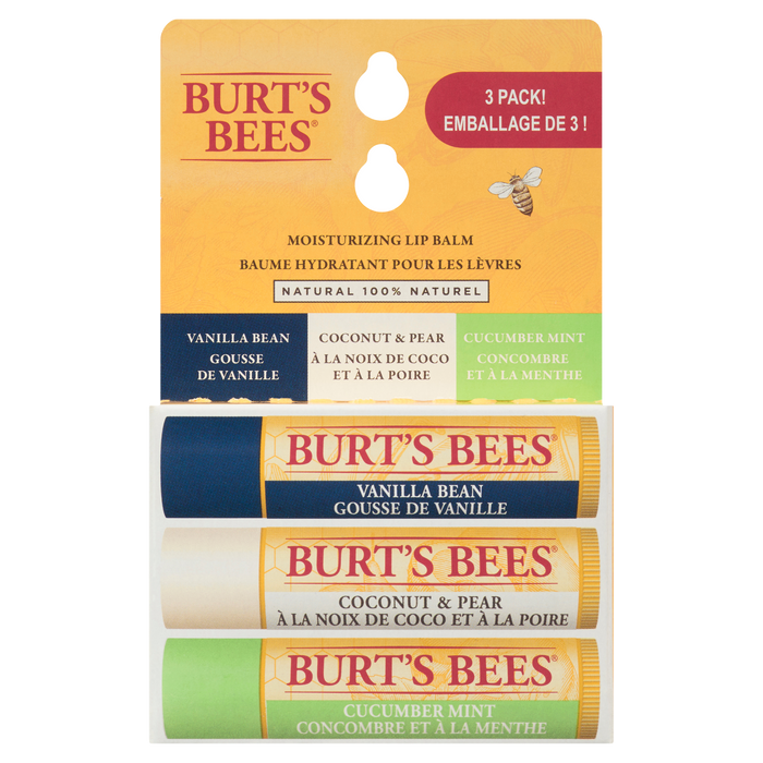 Burt's Bees Moisturizing Lip Balm Vanilla Bean, Coconut & Pear, Cucumber Mint Three Balms x 4.25 g Each (12.75 g)