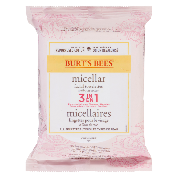 Burt's Bees Micellar Facial Towelettes with Rose Water 30 Pre-Moistened Towelettes