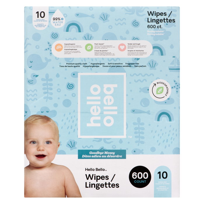 Hello Bello Wipes 10 Resealable Packs x 60 Wipes (600 Count)