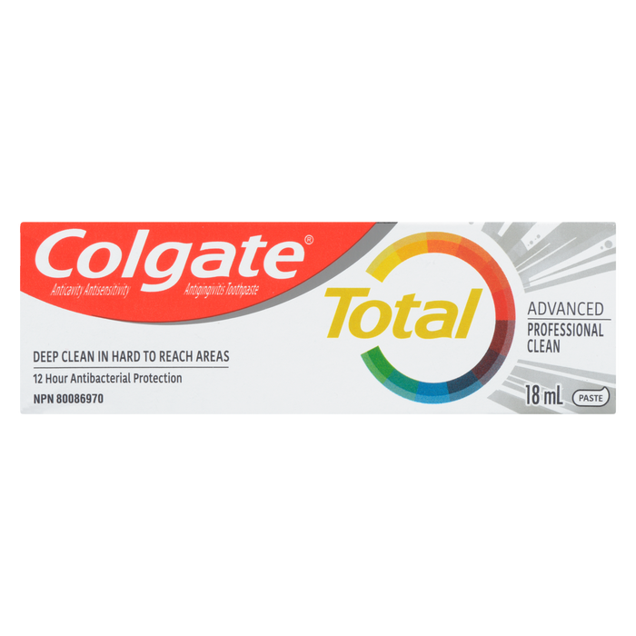 Dentifrice Colgate Total Anticavité Antisensibilité Antigingivite Pâte nettoyante professionnelle avancée 18 ml