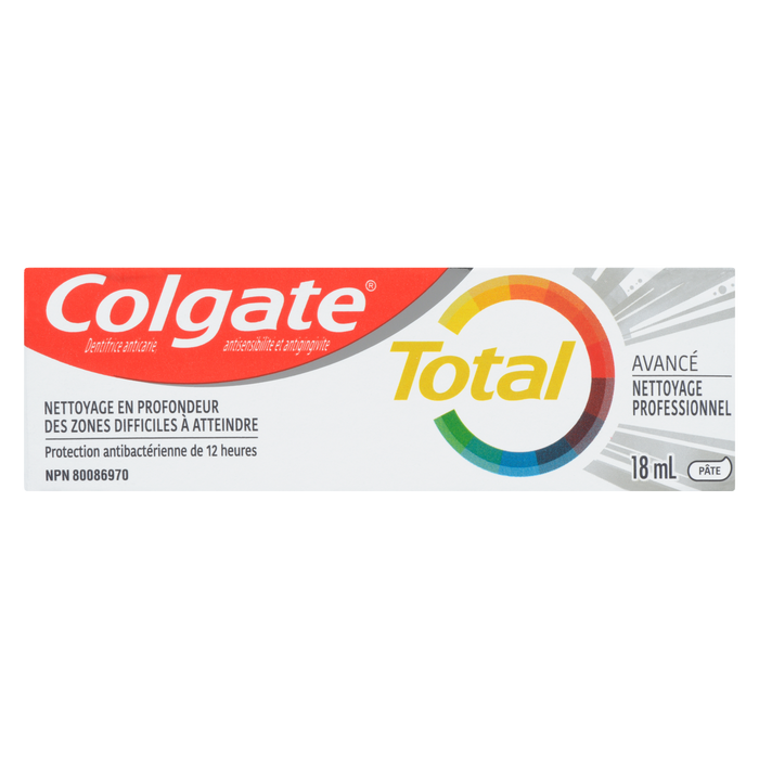 Dentifrice Colgate Total Anticavité Antisensibilité Antigingivite Pâte nettoyante professionnelle avancée 18 ml