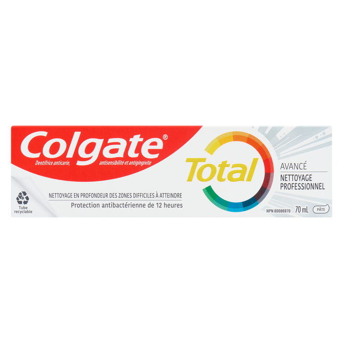 Dentifrice Colgate Total Anticavité Antisensibilité Antigingivite Pâte nettoyante professionnelle avancée 70 ml