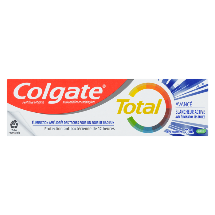 Dentifrice Colgate Total Anticavity Antisensibilité Antigingivite Pâte blanchissante avancée avec élimination des taches 70 ml