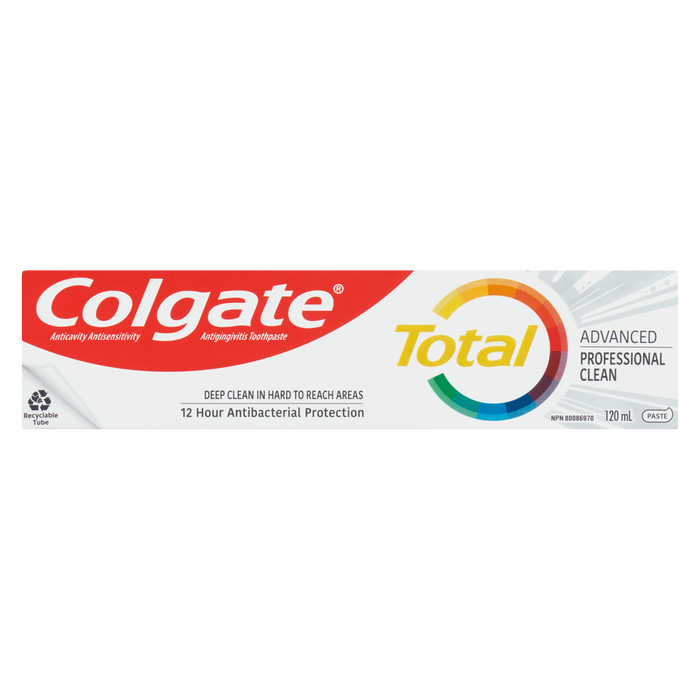 Dentifrice Colgate Total Anticavité Antisensibilité Antigingivite Pâte nettoyante professionnelle avancée 120 ml